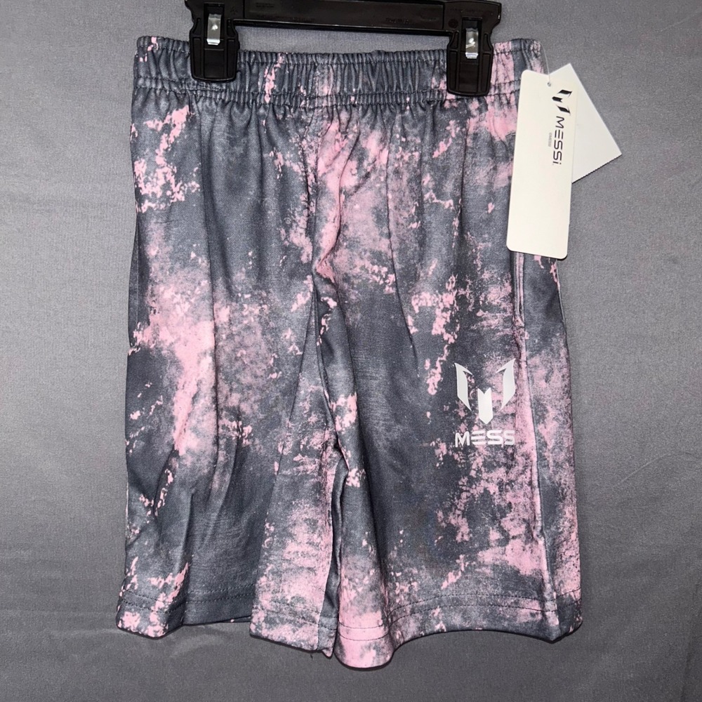 Messi Kids XS 4/5 Soccer Athletic Shorts Pink Charcoal Grey Acid‎ Wash